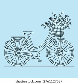 Charming vintage bicycle featuring a front basket brimming with floral elements. Ideal for lifestyle blogs greeting cards or vintage-themed marketing materials.
