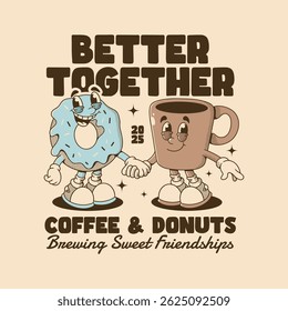 Charming vintage cartoon of donut and coffee cup celebrating sweet friendship