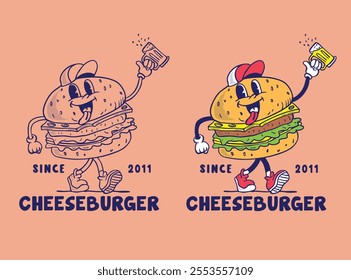 A charming vintage mascot burger holding a frosty beer, blending fun and nostalgia. Perfect for food lovers and collectors of quirky retro art!