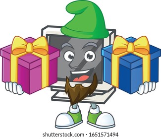 A charming vintage monitor cartoon mascot style with two boxes of gifts