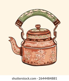 Charmosa ilustração de bule rústico vintage com texturas gastas e detalhes intemporais, perfeito para a decoração da cozinha, temas acolhedores e projetos nostálgicos inspirados na paisagem.