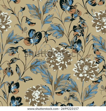 Charming vintage seamless floral pattern with blue and brown flowers and leaves on beige background. Perfect for fabric and wallpaper.