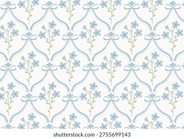 Charming vintage seamless pattern with blue forget me not floral bouquets and cute ribbon bows on elegant damask lattice ornament. Retro vector background for baby textile, nursery decor and wedding packaging.