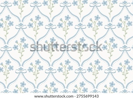 Charming vintage seamless pattern with blue forget me not floral bouquets and cute ribbon bows on elegant damask lattice ornament. Retro vector background for baby textile, nursery decor and wedding packaging.