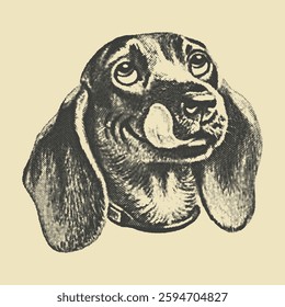  A charming vintage stippled illustration of a dog with expressive eyes and floppy ears, radiating warmth and affection.