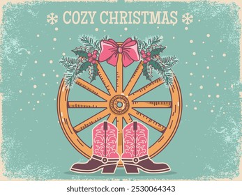 Charming vintage style Christmas card design features a cozy Holiday scene with pink cowboy boots and wagon wheel adorned with holly and a red bow