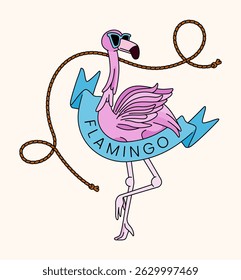 Charming vintage style line illustration of a flamingo ready for summer vacation, surrounded by tropical beach elements. Perfect for summer cards, posters, websites, merchandise, decor