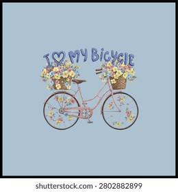 A charming vintage-inspired vector illustration featuring a beautiful floral bicycle with blooming flower baskets and the phrase 