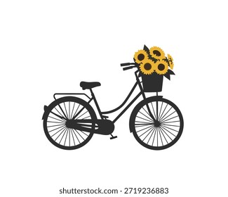 Encantadora Ilustración vectorial de bicicleta de estilo vintage con una canasta frontal rebosante de girasoles amarillos brillantes, que simboliza la alegría del verano, paseos tranquilos y aventuras rústicas al aire libre