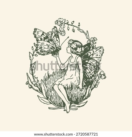 A charming vintage-style black and white illustration of a small winged fairy girl interacting with a butterfly amidst delicate floral elements.
