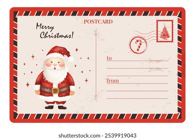 Charming vintage-style Christmas postcard featuring Santa Claus, festive red and beige color scheme, and space for personalized messages. Ideal for holiday greetings, scrapbooking, and seasonal crafts