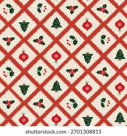 Un encantador patrón de Navidades de estilo vintage sin fisuras con motivos tradicionales como acebo, árboles de Navidad y adornos dentro de un diseño festivo de cuadros diagonales.