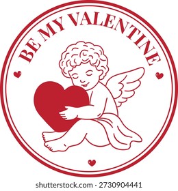 Um encantador selo de Dia dos Namorados em estilo vintage com um doce anjo Cupido abraçando um coração para projetos românticos, cartões de felicitações, papelaria de casamento, adesivos, convites, embalagens e projetos gráficos com tema de amor.