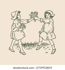 Un encantador dibujo de línea de estilo vintage de dos niñas con atuendo tradicional y sombreros intercambiando flores en un campo cubierto de hierba.
