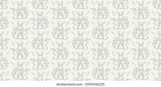 Charming vintage-style seamless pattern featuring hand-drawn bunnies sharing flowers, surrounded by delicate leaves and blossoms in soft gray and beige on cream. Horizontal Easter banner