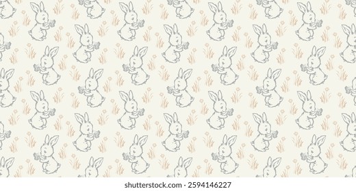 Charming vintage-style seamless pattern featuring hand-drawn bunnies holding flowers, surrounded by delicate grass and blossoms in soft gray and beige on cream. Horizontal Easter banner