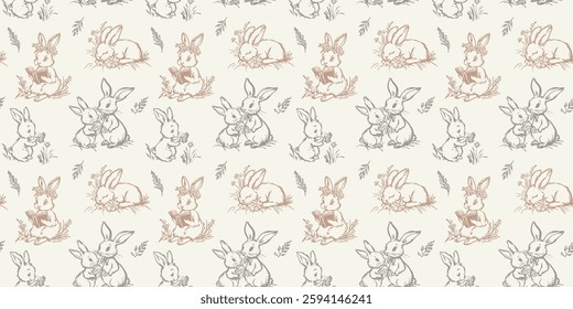 Charming vintage-style seamless pattern featuring bunnies reading, sleeping, and sharing flowers, with delicate leaves and blossoms in soft beige and gray on cream. Horizontal Easter banner