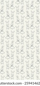 Charming vintage-style seamless pattern featuring hand-drawn bunnies in dresses and bow ties holding Easter eggs, illustrated in soft gray on a cream background. Vertical social media Easter footage