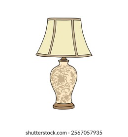 Charming vintage-style table lamp illustration with a floral decorative pattern and soft beige tones, ideal for interior design, home decor, and artistic branding projects.