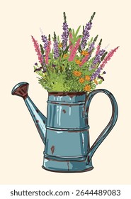 Charming vintage-style watering can filled with wildflowers, perfect for cottagecore themes, rustic garden designs, floral decor, and seasonal countryside visuals.