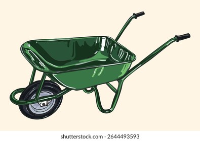 Charming vintage-style wheelbarrow illustration with rustic textures and countryside appeal—perfect for garden themes, farming visuals, and cozy cottagecore-inspired design projects.