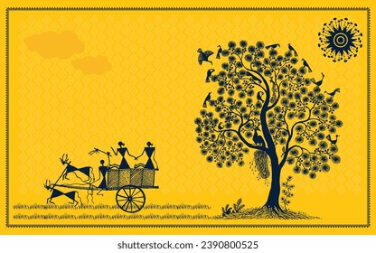 Charming Warli Art: Serene Countryside with Bullock Cart and Majestic Tree. Warli Art, Bullock Cart Painting, Traditional Rural Scene, Indian Village Life