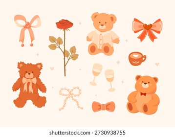 Encantadora colección cálida con un sentimiento romántico y festivo en cálidos colores pastel con ositos de peluche, rosas, lazos y copas de champán. Para tarjetas de felicitación, pegatinas, embalaje.