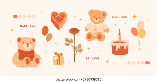 Charmante warme Kollektion mit romantischer und festlicher Stimmung in warmen Pastellfarben mit Teddybären, Kuchen, Pralinenschachtel, Rose, Ballons. Für Grußkarten, Aufkleber