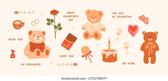 Charming warm collection with a romantic and festive Valentine's Day mood. Warm pastel colours with teddy bears, cake, box of chocolates, rose, chocolate. For greeting cards, stickers