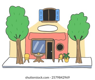 A charming warm terracotta street café Cartoon, Hand drawing illustration, ideal for cozy urban settings, small business branding, and hospitality visuals.