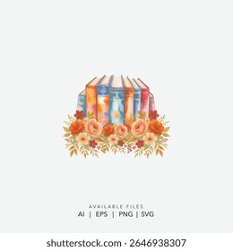Charmosos livros aquarela e logotipo floral de outono, Pilha Elegante de livros coloridos com rosa e folhas acentos ilustração, Aconchegante livro Lovers Logo Design