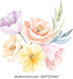 A charming watercolor bouquet featuring a mix of soft peach, lavender, yellow, and pink flowers with delicate green and blue leaves, isolated on a transparent background.
