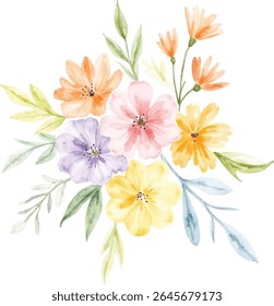 A charming watercolor bouquet featuring soft pink, purple, yellow, and orange flowers with delicate green leaves, presented on a transparent background.