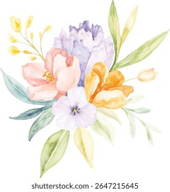 A charming watercolor bouquet featuring soft pink, orange, and purple flowers with subtle yellow accents and various shades of green leaves, all presented on a transparent background.