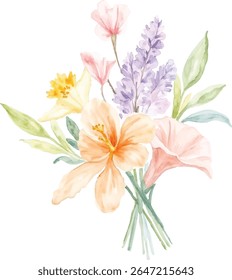 A charming watercolor bouquet showcases a peach hibiscus, yellow daffodil, lavender sprigs, and soft pink blooms with lush green leaves, all isolated on a transparent background.