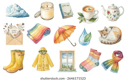 Um charmoso pacote clipart aquarela celebrando dias chuvosos acolhedores. Esta coleção inclui uma xícara de chá, bule floral, guarda-chuva, capa de chuva, botas, janela com gotas de chuva, vela, gato acolhedor, meias, cachecol. 