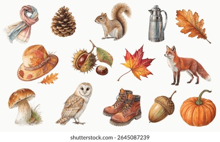 A charming watercolor clipart set celebrating autumn, featuring hand-painted seasonal elements including a fox, owl, squirrel, pumpkin, mushroom, acorn, pine cone, hat, boots, scarf. 