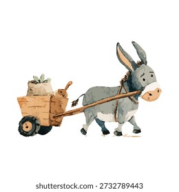 Charmoso burro aquarela puxando um carrinho de madeira rústico cheio de sacos. Ideal para livros infantis, temas agrícolas ou projetos agrícolas caprichosos.