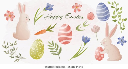 Charming watercolor Easter elements set featuring cute bunnies, decorated eggs, flowers, and greenery in soft pastel tones. Perfect for greeting cards, scrapbooking, digital designs, and fes