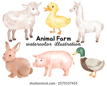 Charming Watercolor Farm Animal Illustrations: Hand-Painted Clip Art Featuring Sheep, Duck, Alpaca, Rabbit, Pig, and Duck for Creative Designs, Crafting, and Farm-Themed Projects