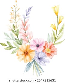 A charming watercolor floral arrangement featuring a mix of soft pastel flowers and delicate greenery, perfect for adding a touch of nature to designs. Isolated on transparent background.