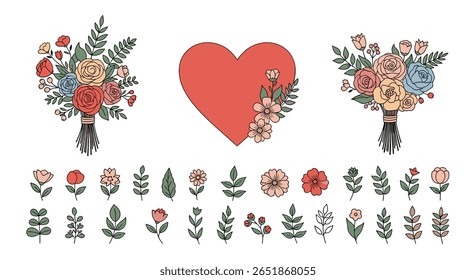 Bouquets florais de aquarela encantadora e elementos para desenhos românticos