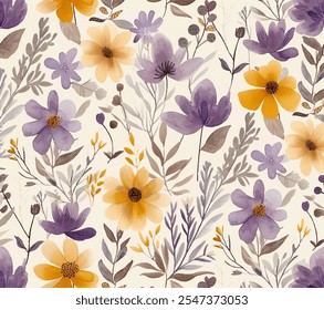 Charming aquarela floral padrão sem emenda de delicada mistura de tons roxo e amarelo. Detalhes intrincados e pinceladas suaves sereno e design de vetor de atmosfera inspirador