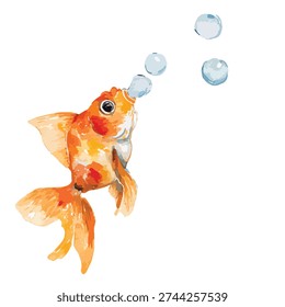 Charming watercolor goldfish blowing bubbles, ideal for children's books, aquatic designs, or pet shop branding. Hand-painted marine life illustration.