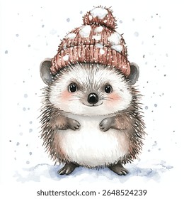 A charming watercolor hedgehog, wearing a warm, reddish-brown knitted hat adorned with snow, is depicted in a winter scene.