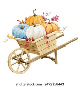 Charming watercolor illustration of colorful pumpkins in a wooden cart