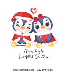 Charming watercolor illustration of a cute penguin couple. Dressed in Santa outfits, they sit together in the snow, radiating happiness and love. Perfect for festive projects and greeting cards.
