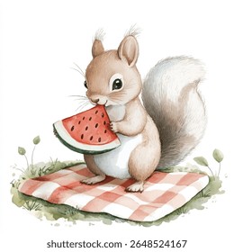 A charming watercolor illustration of a cute squirrel holding and eating a slice of watermelon while sitting on a picnic blanket.