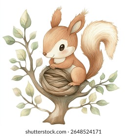 Uma encantadora ilustração aquarela de um esquilo bonito sentado em um galho de árvore, segurando um ninho, com iluminação suave.
