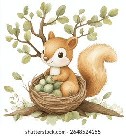 Uma encantadora ilustração aquarela de um esquilo bonito aninhado em um ninho tecido, segurando ovos verdes, com ramos folhosos.